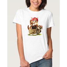 Qivi Watercolor Cat And Owl Kadın Beyaz Tshirt