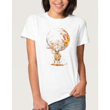 Qivi Watercolor Autumn Deer Kadın Beyaz Tshirt