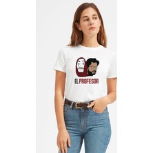 Qivi La Case De Papel El Profesor Baskılı Beyaz Kadın Tshirt
