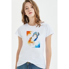 Qivi Watercolor Fish Kadın Beyaz Tshirt