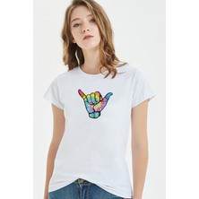 Qivi Watercolor Hang Loose Shaka Kadın Beyaz Tshirt