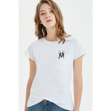 Qivi Boston Terrier Fransız Bulldog Köpek Yavrusu Baskılı Beyaz Kadın Tshirt