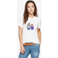 Qivi Stranger Things Steve Dustin Baskılı Beyaz Kadın Tshirt