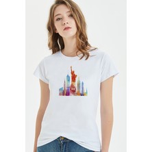 Qivi Watercolor Statue Of Liberty Kadın Beyaz Tshirt