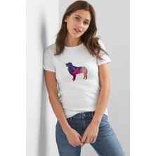 Qivi Silhouette Australian Shepherd Dog Kadın Beyaz Tshirt