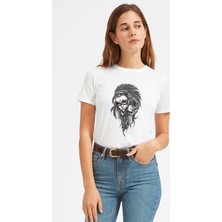 Qivi Kızılderili Kız Baskılı Beyaz Kadın Tshirt