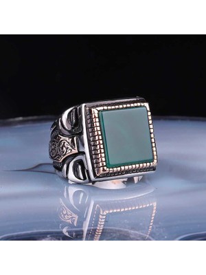 Gumush  Gümüş Kare Yeşil Akik Taşlı Erkek Yüzük