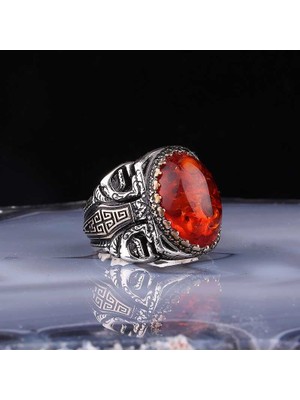 Inure Jewelry  Gümüş Kehribar Taşlı Oval Erkek Yüzük