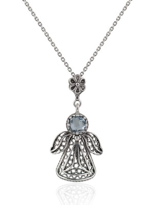 Filigran Silver 925 Ayar Gümüş Otantik El Işi Telkari Melek Doğal Sky Blue Topaz Taşlı Kadın Kolye