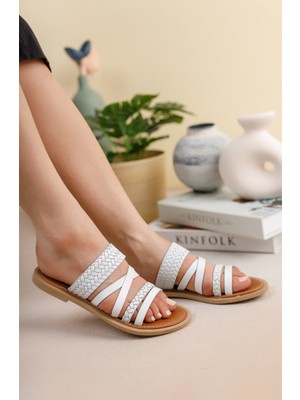 Riccon Beyaz Kadın Deri Terlik 0012161