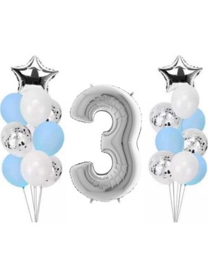 Parti Sürprizi 3 Yaş Gümüş Folyo Balon Set 21 Adet