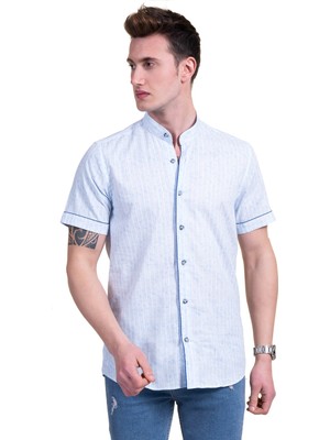 Exve Exclusive Açık Mavi Beyaz Çizgili Doğal Keten Hakim Yaka Kısa Kollu Gömlek