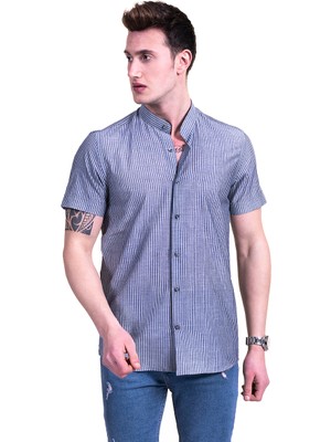 Exve Exclusive Gri Beyaz Çizgili Pamuk Hakim Yaka Kısa Kollu Gömlek