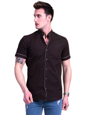 Exve Exclusive Doğal Keten Rengi Kahverengi Biye Detaylı Hakim Yaka Kısa Kollu Gömlek