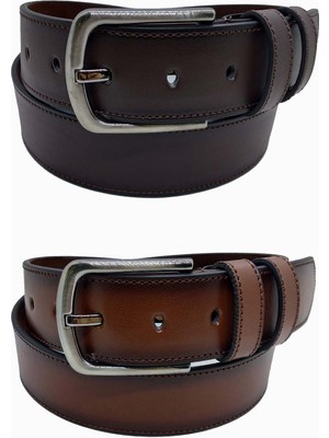 Gutiero Erkek Deri Kemer 2'li Kahverengi Taba Dikişli 4 cm