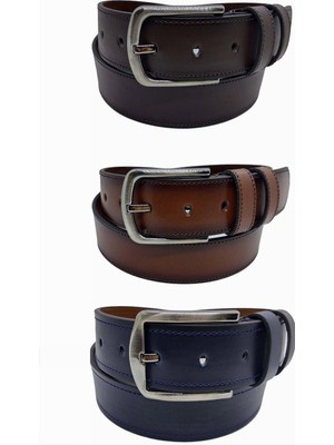 Gutiero Erkek Deri Kemer 3'lü Lacivert Taba Kahverengi Dikişli 4 cm