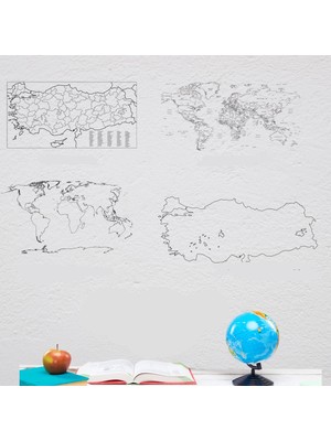 Pi Papers Kağıt Tahta Harita Seti 4 Adet Türkiye ve Dünya Haritaları ile Silgili Kalem Hediye