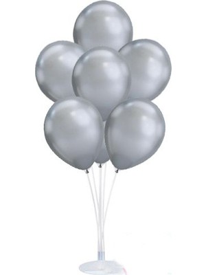 Tam İthalat Parti Balon Standı 10 Adet Sedefli Metalik Gümüş Balon Seti