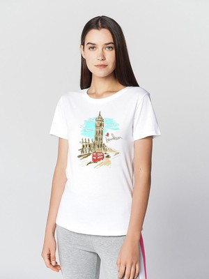Qivi Watercolor Clock Tower London Kadın Beyaz Tshirt