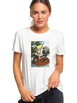 Qivi Anime Naruto Moon Baskılı Beyaz Kadın Tshirt