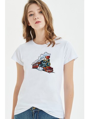 Qivi Watercolor Train Kadın Beyaz Tshirt