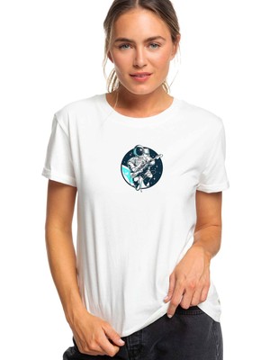 Qivi Astronaut Guitar Baskılı Beyaz Kadın Örme Tshirt