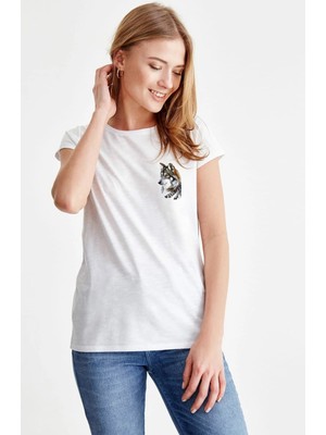 Qivi Watercolor Wolf Kadın Beyaz Tshirt