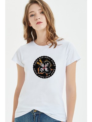 Qivi Rock And Roll Over Kiss Rock Baskılı Beyaz Kadın Tshirt