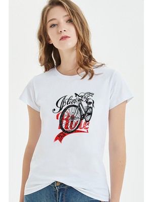 Qivi Ride My Bike Baskılı Beyaz Kadın Tshirt