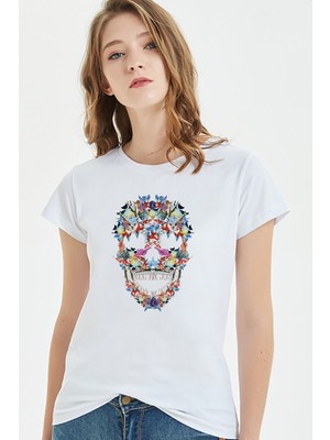 Qivi Aqua Skull Baskılı Beyaz Kadın Tshirt