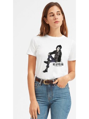 Qivi Anime Tokyo Ghoul Anteiku Baskılı Beyaz Kadın Tshirt