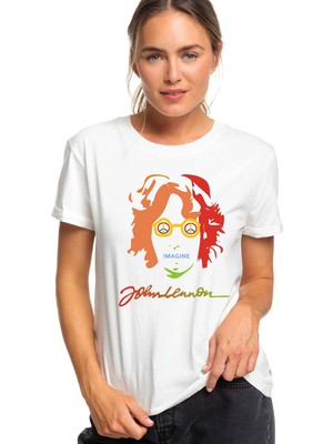 Qivi John Lennon Baskılı Beyaz Kadın Tshirt