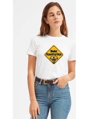 Qivi Under Construction Baskılı Beyaz Kadın Tshirt