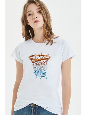 Qivi Basketbol Pota Baskılı Beyaz Kadın Örme Tshirt