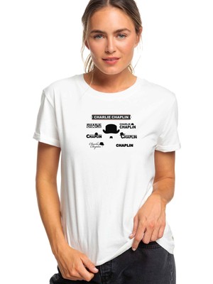 Qivi Charlie Chaplin Baskılı Beyaz Kadın Örme Tshirt