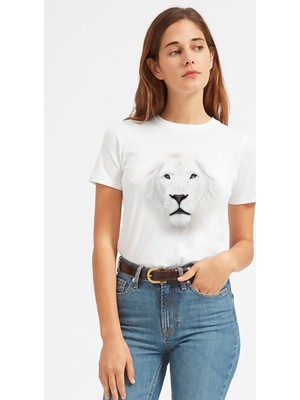 Qivi White Lion Baskılı Beyaz Kadın Tshirt