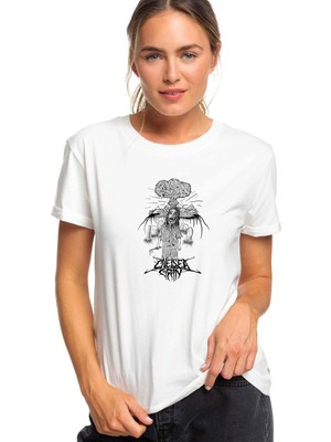 Qivi Cheisea Grin Evolvve Music Baskılı Beyaz Kadın Örme Tshirt