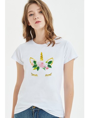 Qivi Watercolor Flowers Unicorn Kadın Beyaz Tshirt