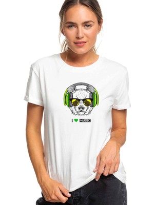 Qivi Panda I Love Music Baskılı Beyaz Kadın Tshirt