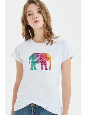 Qivi Watercolor Elephant Kadın Beyaz Tshirt