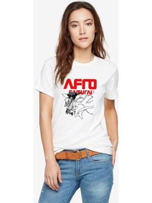 Qivi Afro Samurai Samuray Baskılı Beyaz Kadın Tshirt