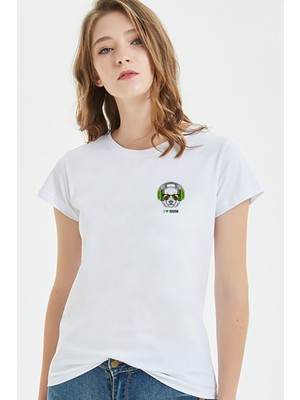 Qivi Panda I Love Music Göğüs Baskılı Beyaz Kadın Tshirt