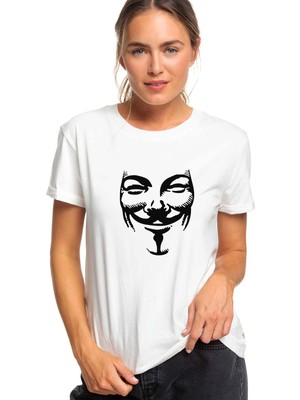Qivi V For Vandetta Mask Baskılı Beyaz Kadın Tshirt