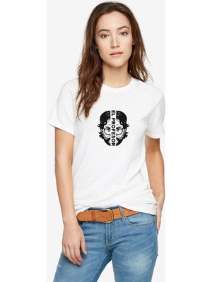 Qivi La Case De Papel El Profesor Baskılı Beyaz Kadın Tshirt