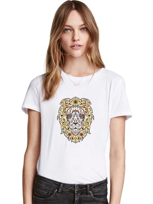Qivi Lion Floral Baskılı Beyaz Kadın Tshirt