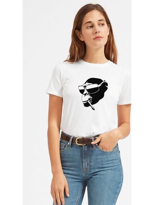 Qivi Tiryaki Şempanze Baskılı Beyaz Kadın Tshirt