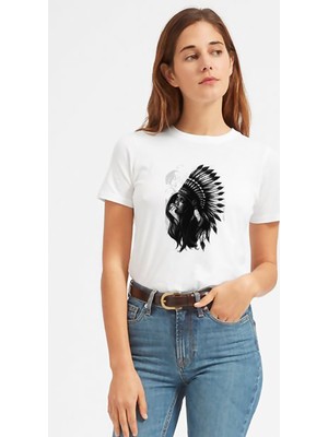 Qivi Kızılderili Kız Baskılı Beyaz Kadın Tshirt