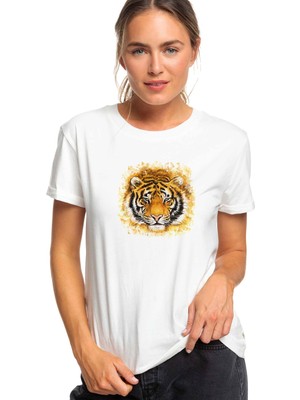 Qivi Kaplan Tiger Baskılı Beyaz Kadın Tshirt