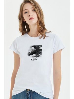 Qivi Elvis Presley Metal Rock Muzik Grubu Baskılı Beyaz Kadın Örme Tshirt
