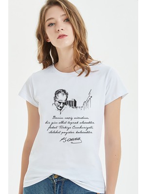 Qivi 10 Kasım Anıt Kabir Beyaz Zemin Baskılı Beyaz Kadın Tshirt